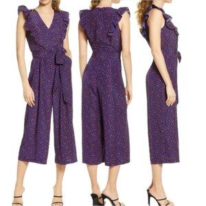 Chelsea 28 Polka Dot Ruffle V Neck Fau Wrapped Cropped Wide Leg Jumpsuit Blue 2